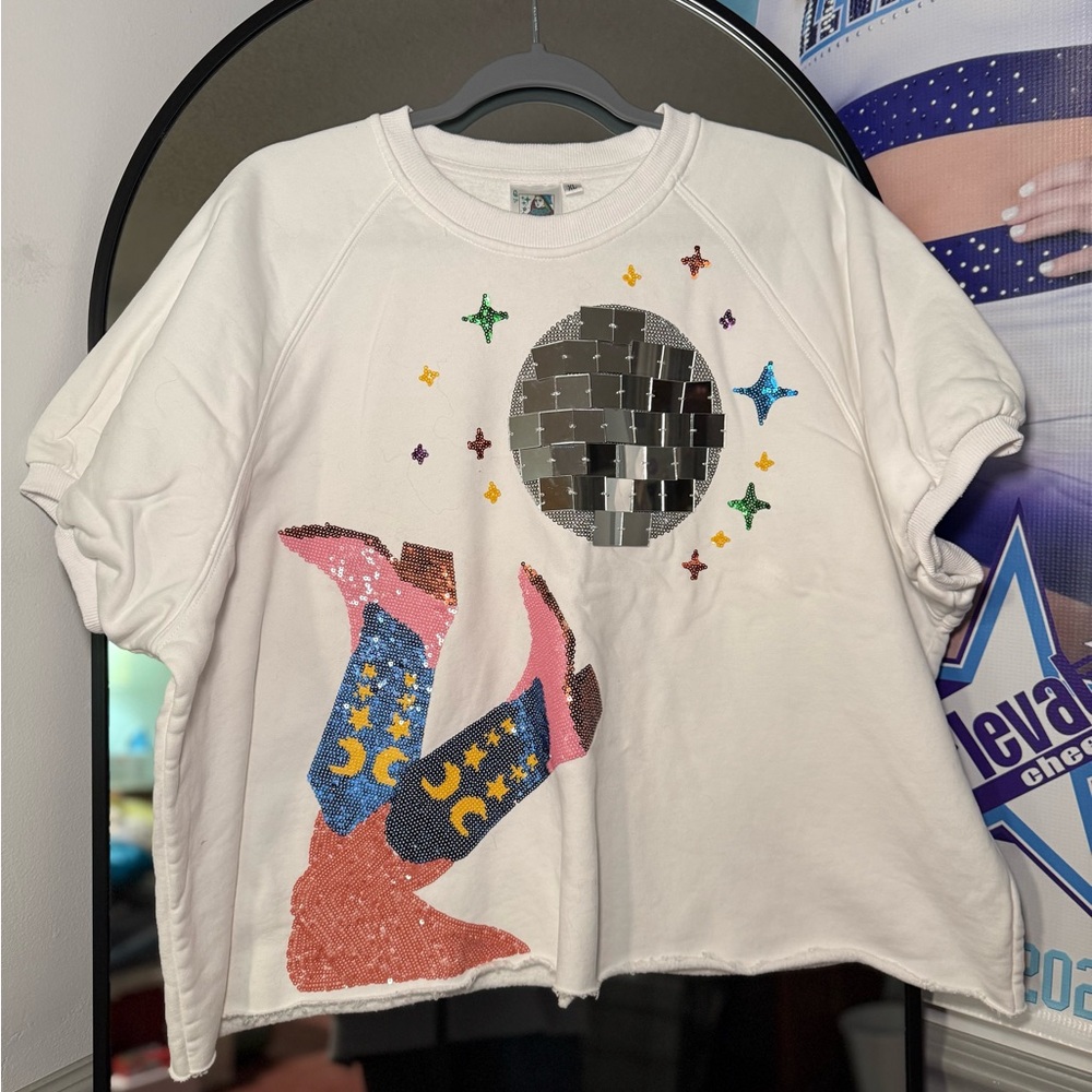 QUEEN OF SPARKLES White Tee with Sequin Boots and Disco Ball